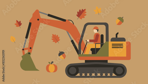 Flat design of a construction excavator with an operator and autumn leaves background