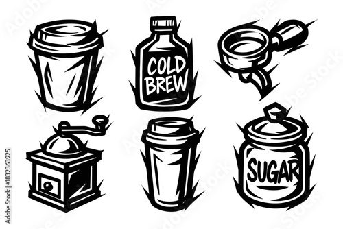 Coffee and Beverage Icons in Bold Black Line Art Style for Cafe and Drink Designs
