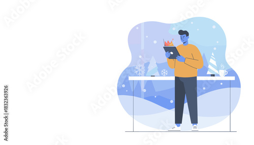 Man analyzes falling financial data on a tablet during snowy winter Business review concept