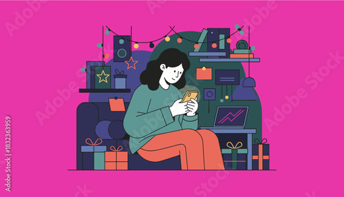 Woman uses smartphone at home surrounded by gifts and festive lights Shopping communication or leisure concept