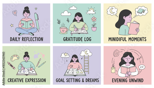 Illustrated mental wellness routine set journaling reflection gratitude goals and unwinding