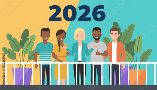 Diverse business team celebrating 2026 Future success unity and global cooperation concept