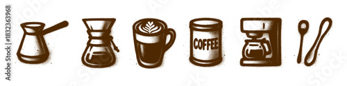 Coffee Brewing Tools and Accessories in Brown Ink Style for Cafe and Drink Designs
