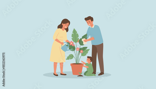 Happy family tending to a houseplant Home gardening and parental education concept