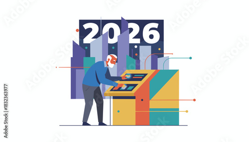 Senior man interacts with 2026 technology for urban planning and future strategy