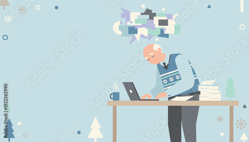 Tired senior man working on a laptop overwhelmed by winter deadlines and information overload