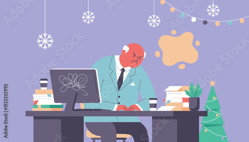 Grumpy boss works through holidays dealing with stressful office workload and deadlines