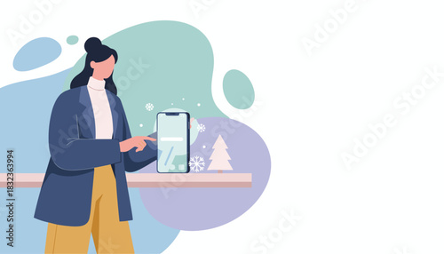 Woman uses smartphone for holiday commerce surrounded by winter snowflakes Vector illustration