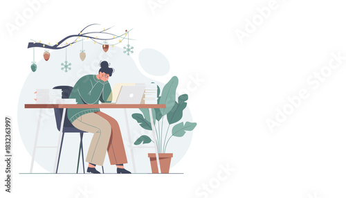 Tired woman struggling with workrelated stress and large workload during Christmas