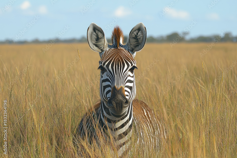 Obraz premium A portrait of a zebra standing among the tall, dry grass of the African savannah.