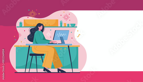 Professional woman working remotely on laptop Success and productivity in a vibrant office space