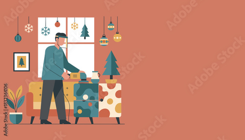 Man using power tool and face shield for DIY home improvement during the holidays