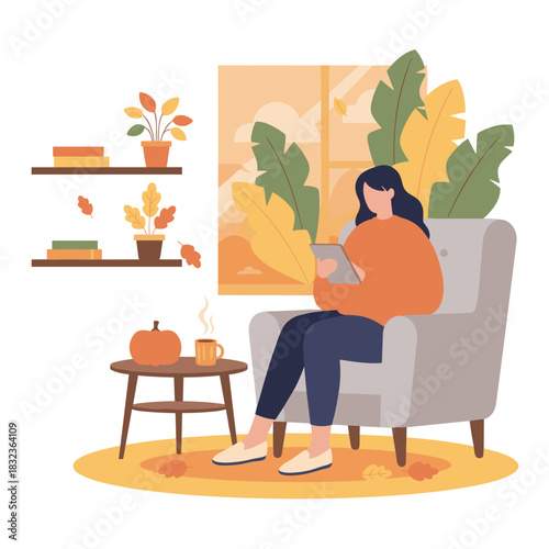 Woman reading tablet in cozy armchair during autumn with warm drinks and fall foliage view