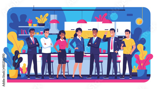 Confident diverse business team collaboration in a modern office kitchen setting