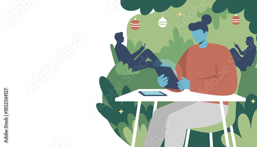 People relax outdoors with devices enjoying a festive gathering or summer break