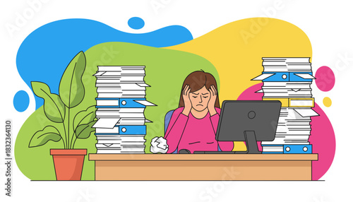 Overworked woman stressed by huge stacks of paper and files Workplace burnout concept illustration