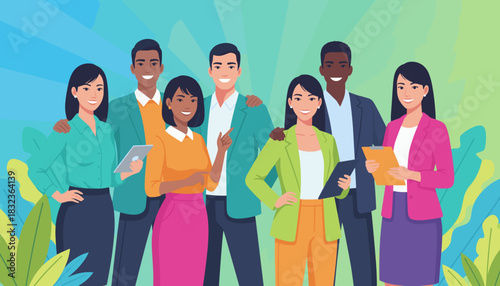 Happy diverse team of six colleagues standing together Business illustration