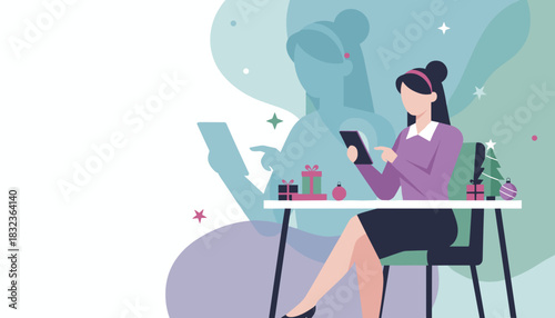 Holiday shopping online Professional woman uses a tablet for festive ecommerce and digital tasks