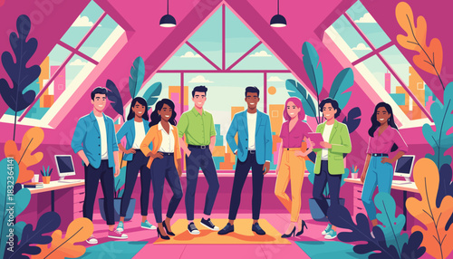 Diverse smiling business team standing in a vibrant modern office loft representing teamwork and success