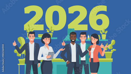 Diverse team celebrating 2026 goals Success teamwork and future business strategy