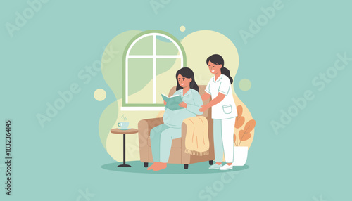 Pregnant woman reading peacefully while receiving gentle prenatal care from a nurse