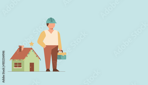 Worker in hardhat and toolbox next to a festive home Home maintenance and seasonal repairs