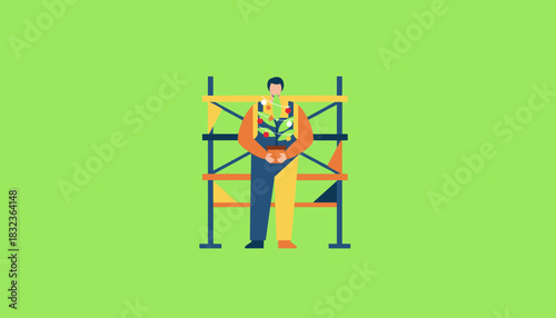 Worker holding small decorated Christmas tree in front of shelves Festive holidays retail concept