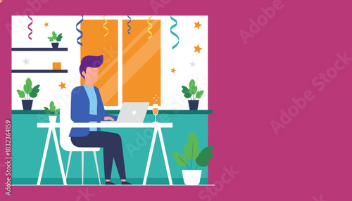 Businessman works on laptop at a desk during a festive event success and remote work concept