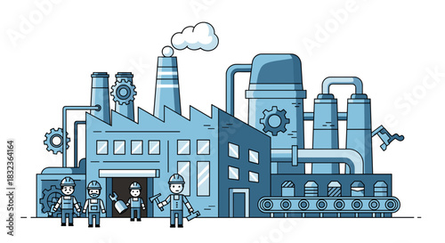 Industrial factory illustration with workers pipes and conveyor belt Manufacturing and heavy industry concept
