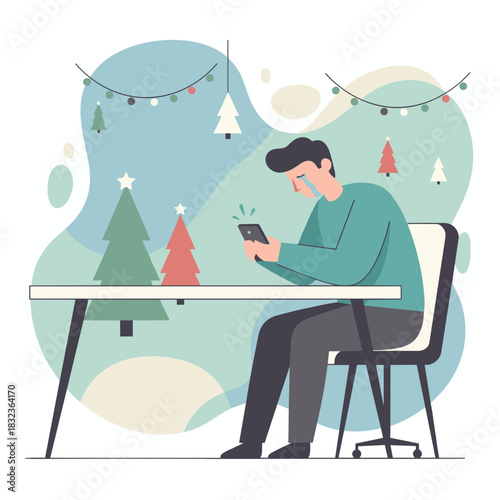 Depressed man crying while looking at his phone during the isolating Christmas holidays