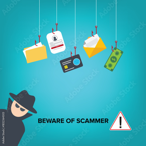 Beware, hacker, scammer in front of his computer committing digital cybercrime. Vector illustration	