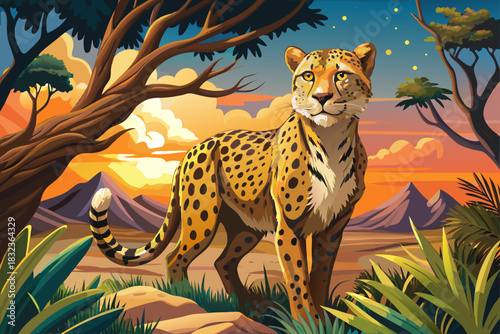 vector of Cheetah digital art featuring a predatory wildlife scene, an agile big cat image, and a dramatic nature animal concept.