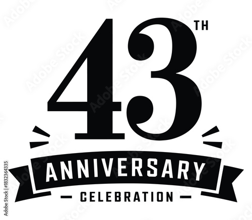 Forty third anniversary celebration design with ribbon and stylized numbers on transparent background