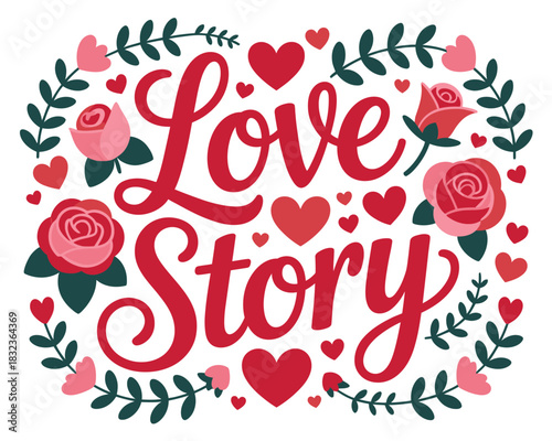 Love story text surrounded by hearts roses and green leaves on white background on transparent background