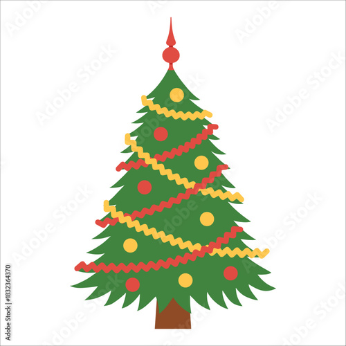 Simple full Christmas tree decorated with wavy garlands and bright ornaments. Playful festive illustration for card, banner, kids, holiday designs. Flat vector. Hand drawn. Isolated background.