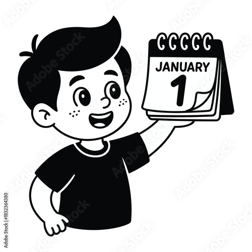 Cartoon boy holding calendar showing january first in black and white style on transparent background