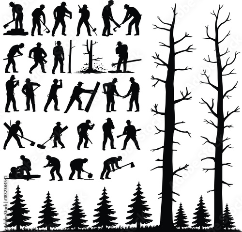 Forestry and lumberjack silhouette cartoon vector set, tree cutting, manual labor, axes, saws, trees, flat illustration, side view, logging concept