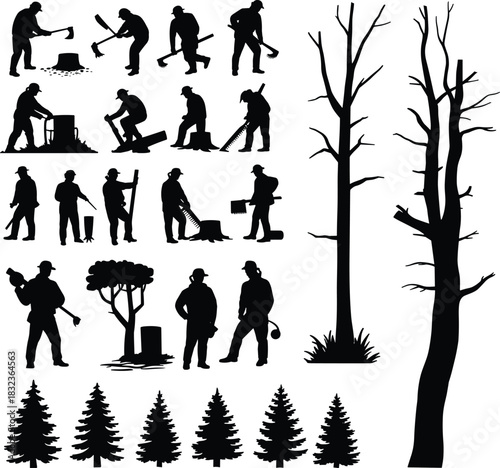 Forestry activity silhouette cartoon vector set, tree cutting, wood sawing, raking, stumps, tools, flat illustration, side view, logging concept
