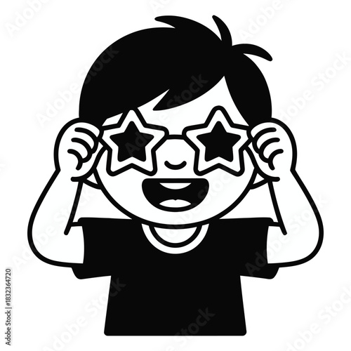 Cartoon boy with star shaped glasses smiling and holding the frames on his face