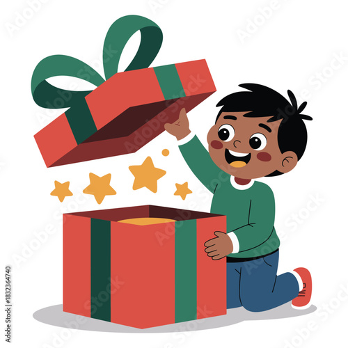 A cartoon boy opening a red and green present with floating yellow stars around it