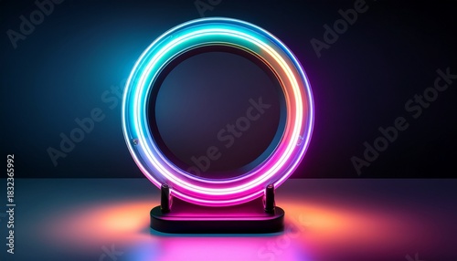 a neon light ring lamp with a circular light ring and a black base