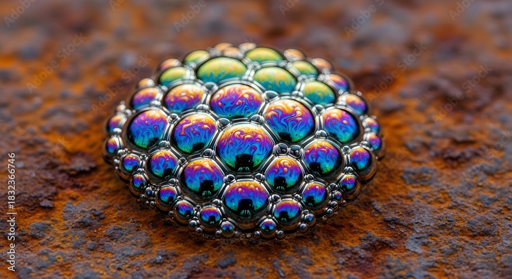 Fototapeta premium Close-up of Iridescent Soap Bubbles Cluster on Rusty Surface, Macro Photography, Outdoor Environment, Top View, Surface Tension Concept
