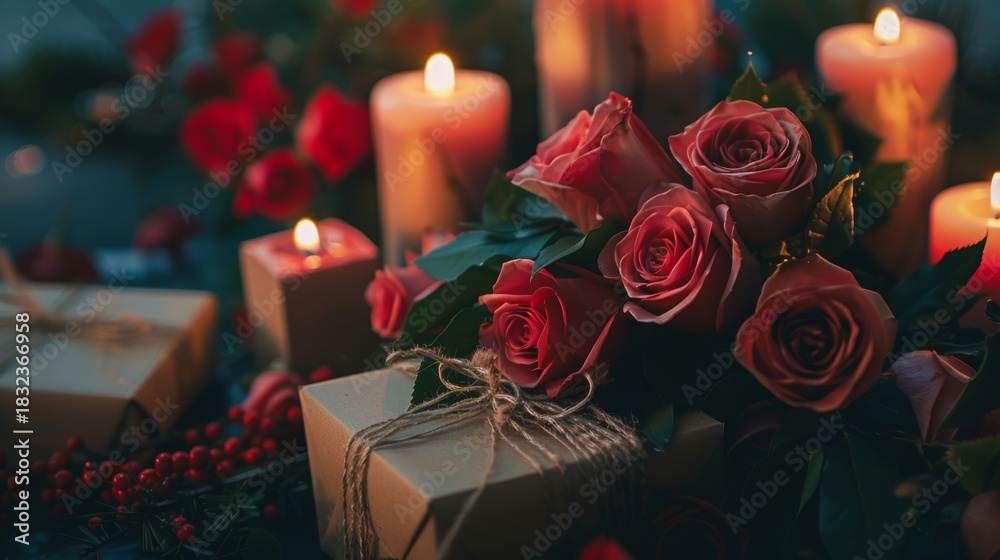 Obraz premium Romantic arrangement of red roses and gift boxes with warm candles for valentine s day celebration