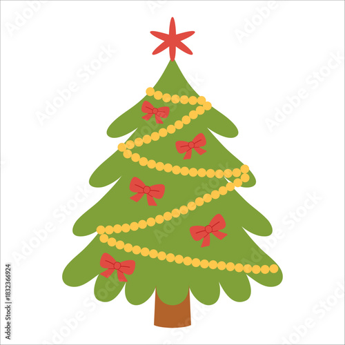 Simple small Christmas tree with golden beads and red bows. Cozy and cute festive illustration for card, banner, kids, winter designs and holiday decor. Flat vector. Hand drawn. Isolated background.