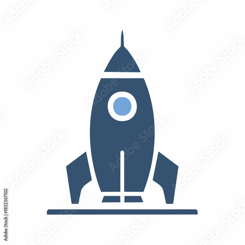 Minimalist blue rocket icon standing on a launchpad representing space exploration and startup concepts