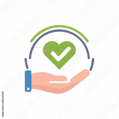 Hand holding heart with checkmark representing health and wellness