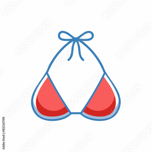 Illustration of a bright red bikini top with a blue outline and a bow