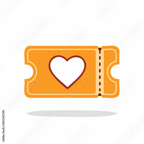 Golden admission ticket with a heart symbol for a romantic event or charity donation
