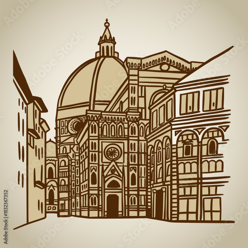 Line art drawing of Cathedral of Santa Maria del Fiore in Florence, Italy, architecture tourism landmark, travel destination illustration