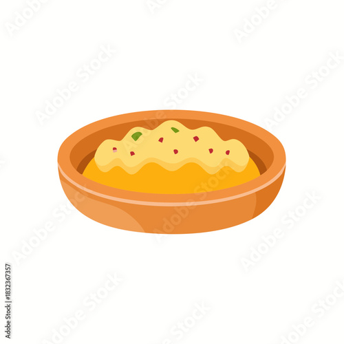 Illustration of a delicious bowl of creamy polenta with red pepper flakes and herbs